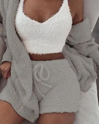 3 pcs Womens Clothing Long Sleeve Pajama Set