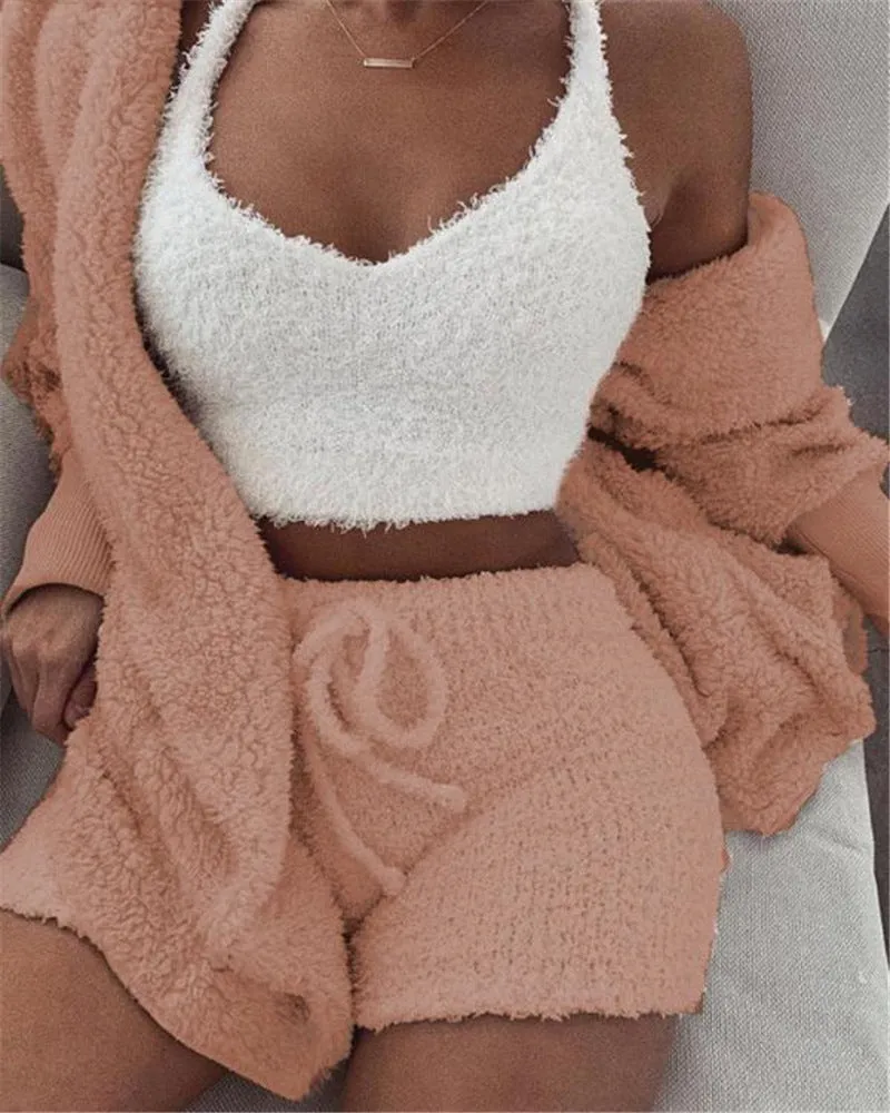 3 pcs Womens Clothing Long Sleeve Pajama Set