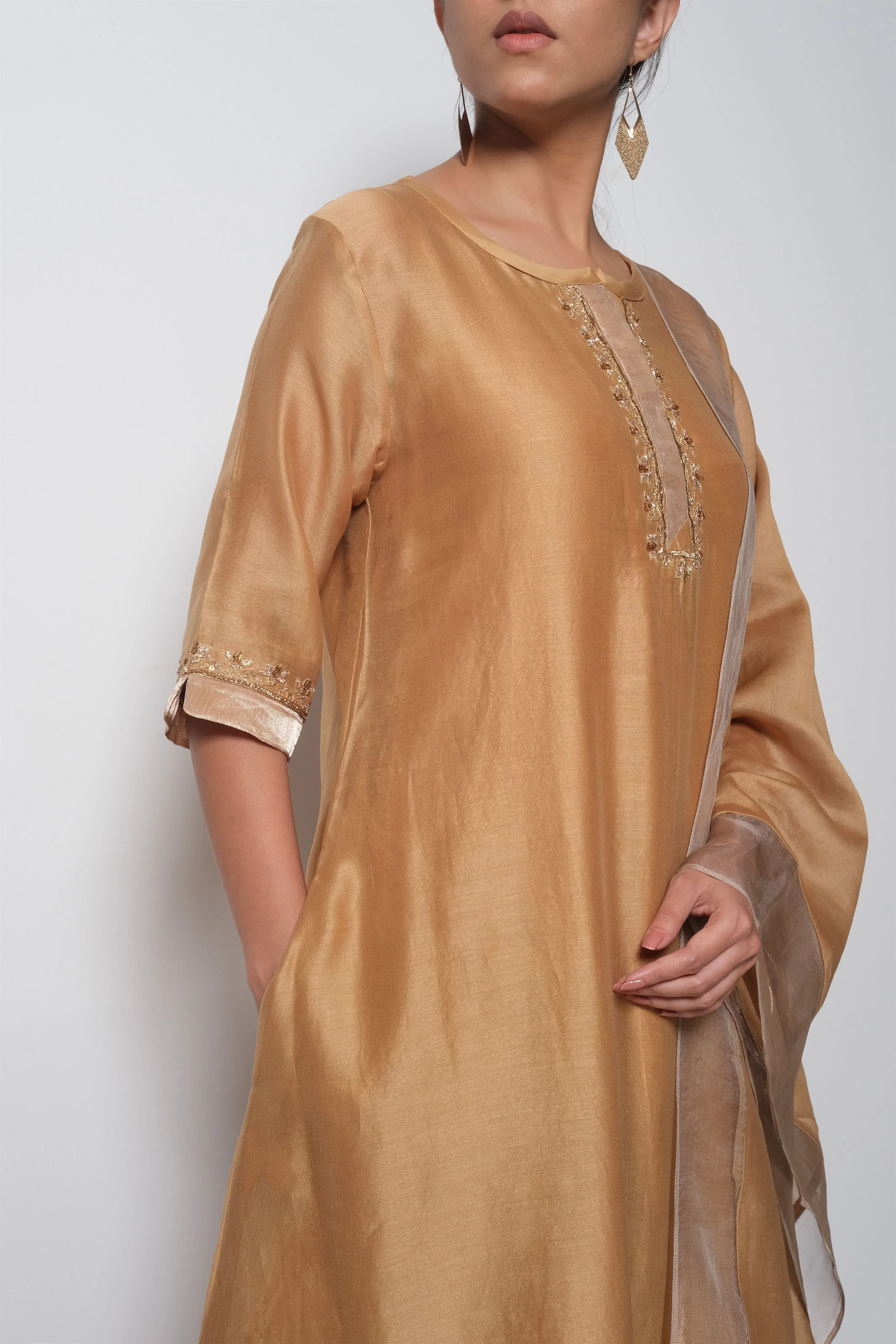 Bhavik Shah   I   Bellerose Kurta Full Set - Kurta, Stole, Pants, With Slip Kurta - Handwoven Chanderi Silk, Stole - Chanderi & Zari, Pants - Cotton Silk BEIGE CH-SK-BE-23