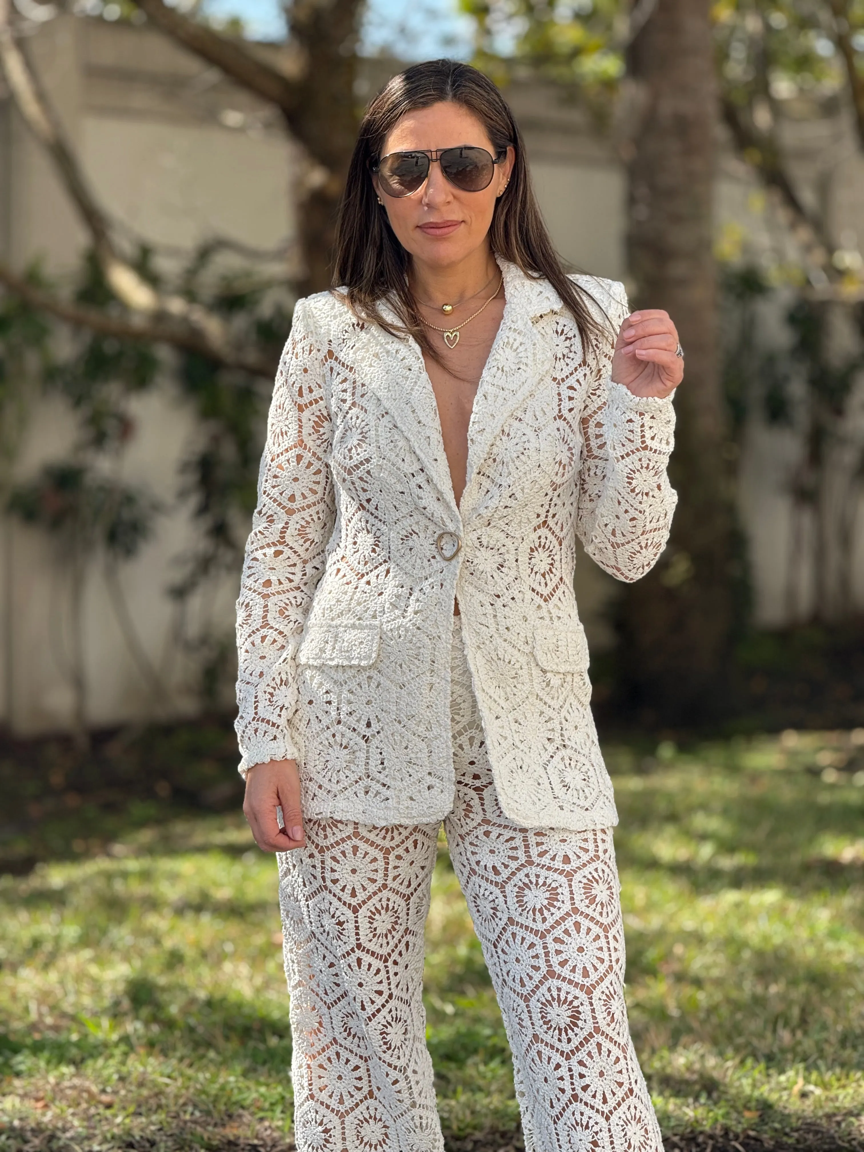 “Bianka" Stunning Crochet Blazer And Matching High Waisted Pants
