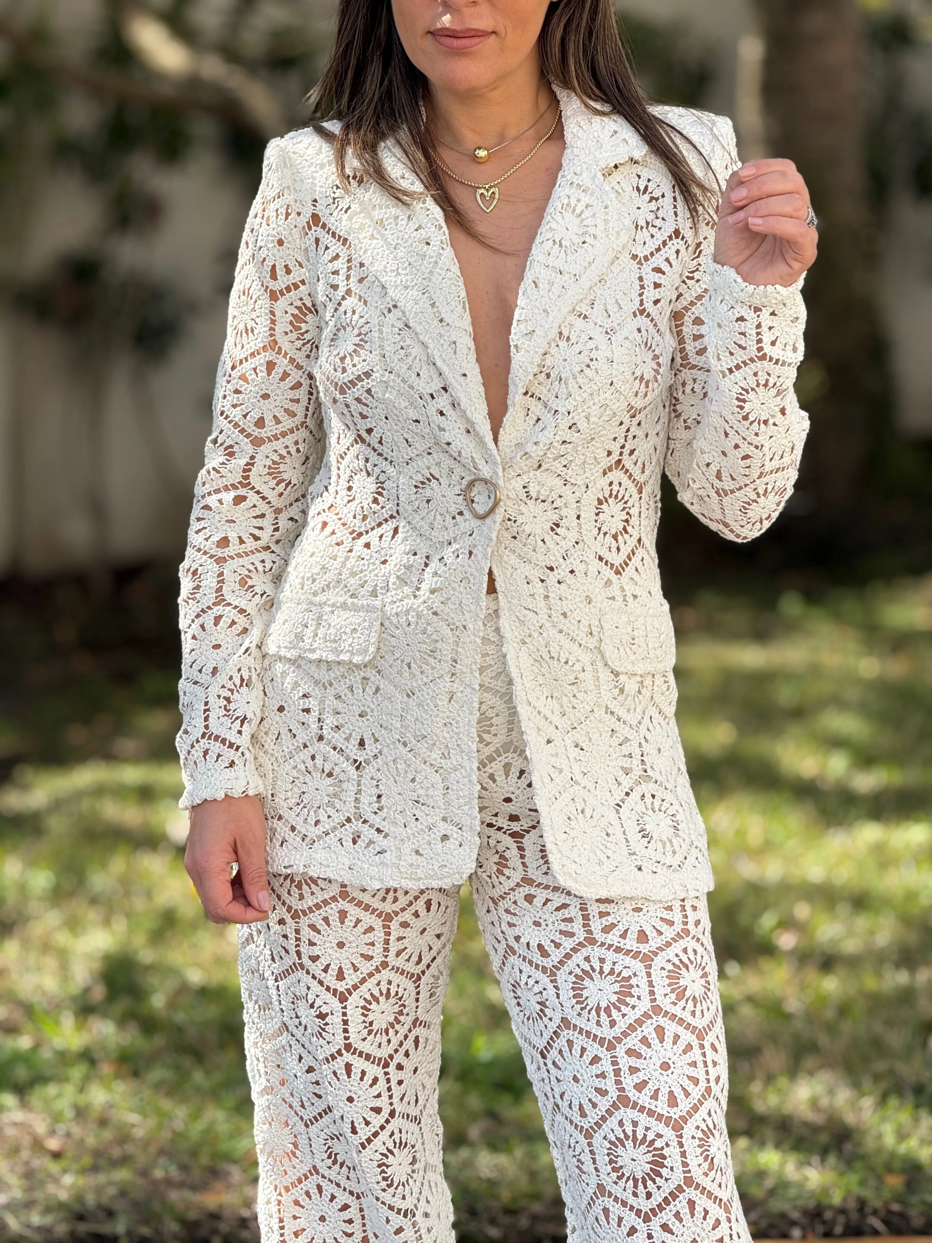 “Bianka" Stunning Crochet Blazer And Matching High Waisted Pants