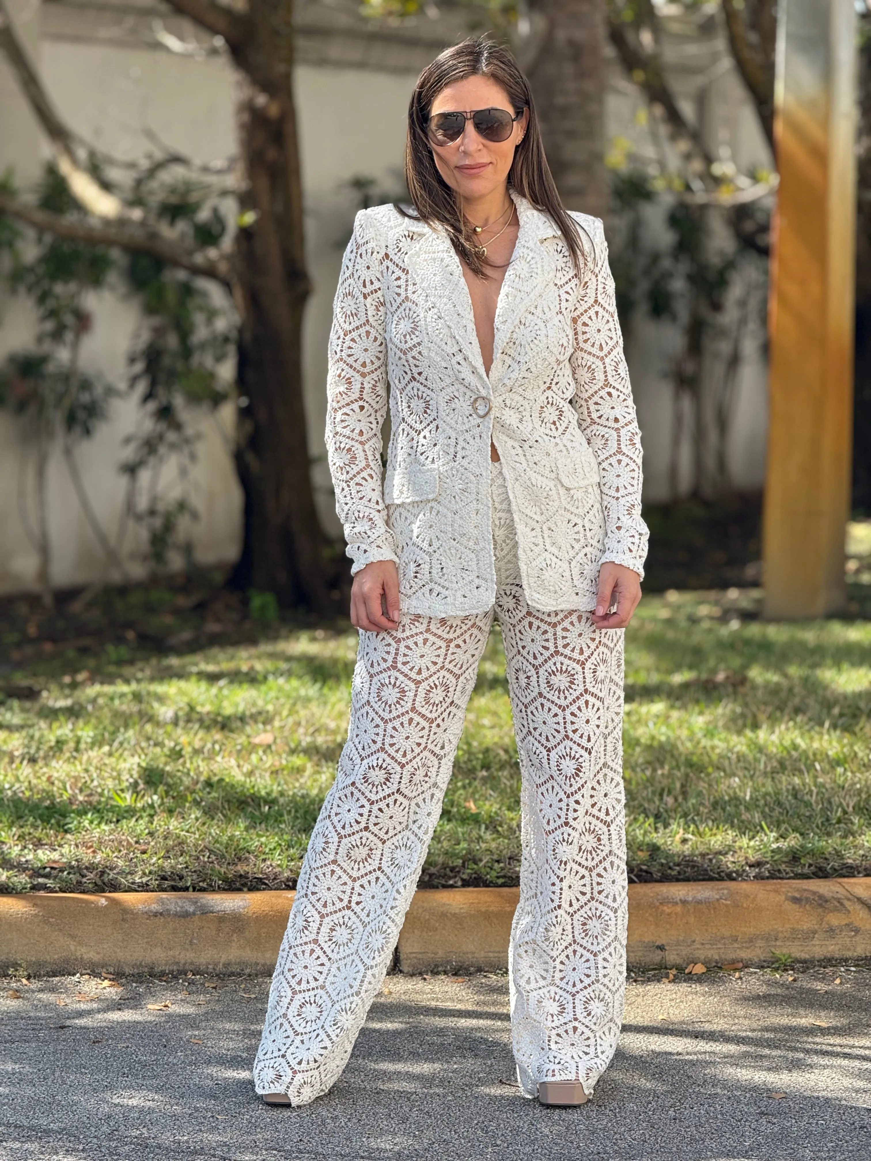 “Bianka" Stunning Crochet Blazer And Matching High Waisted Pants