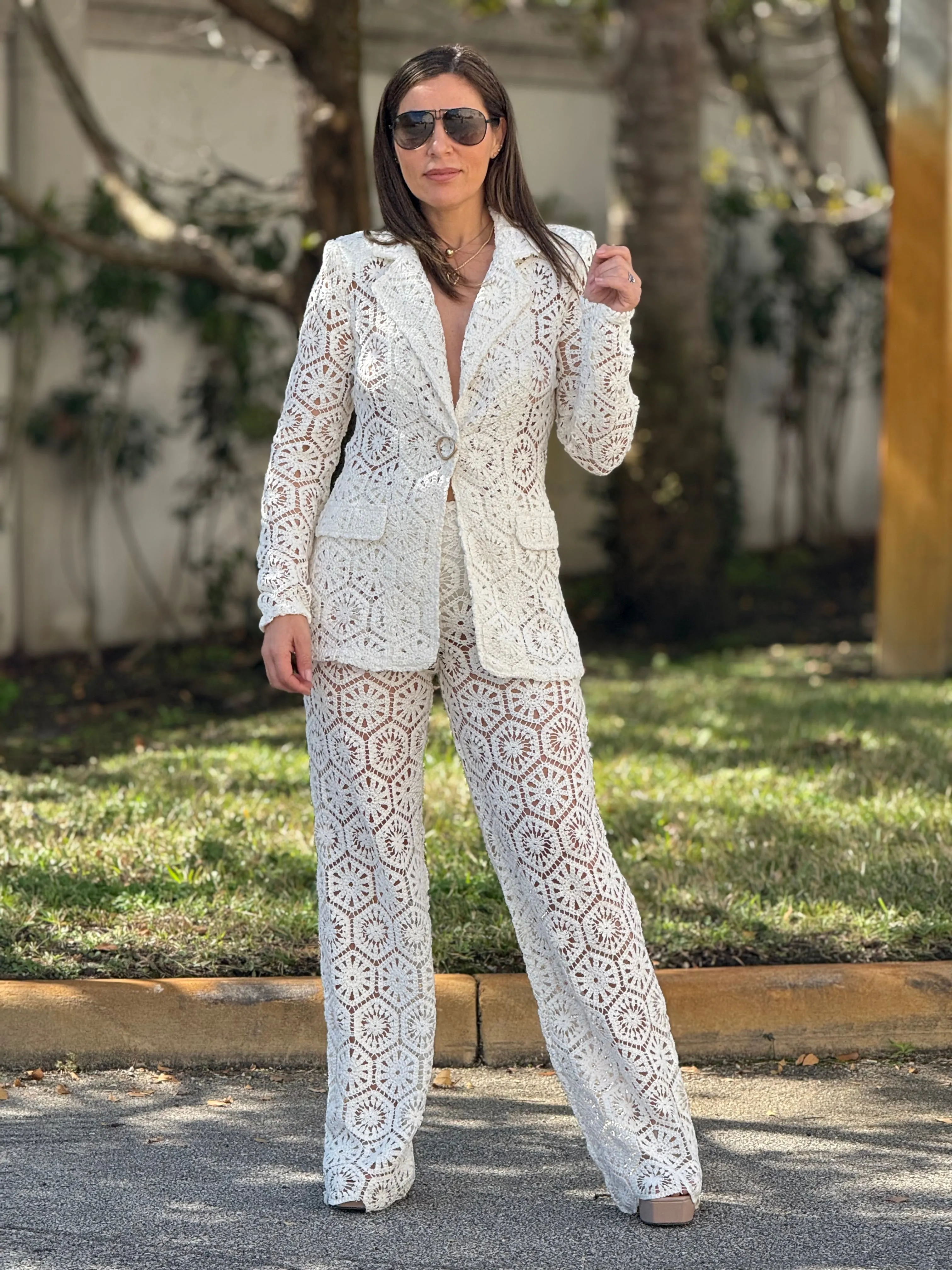 “Bianka" Stunning Crochet Blazer And Matching High Waisted Pants
