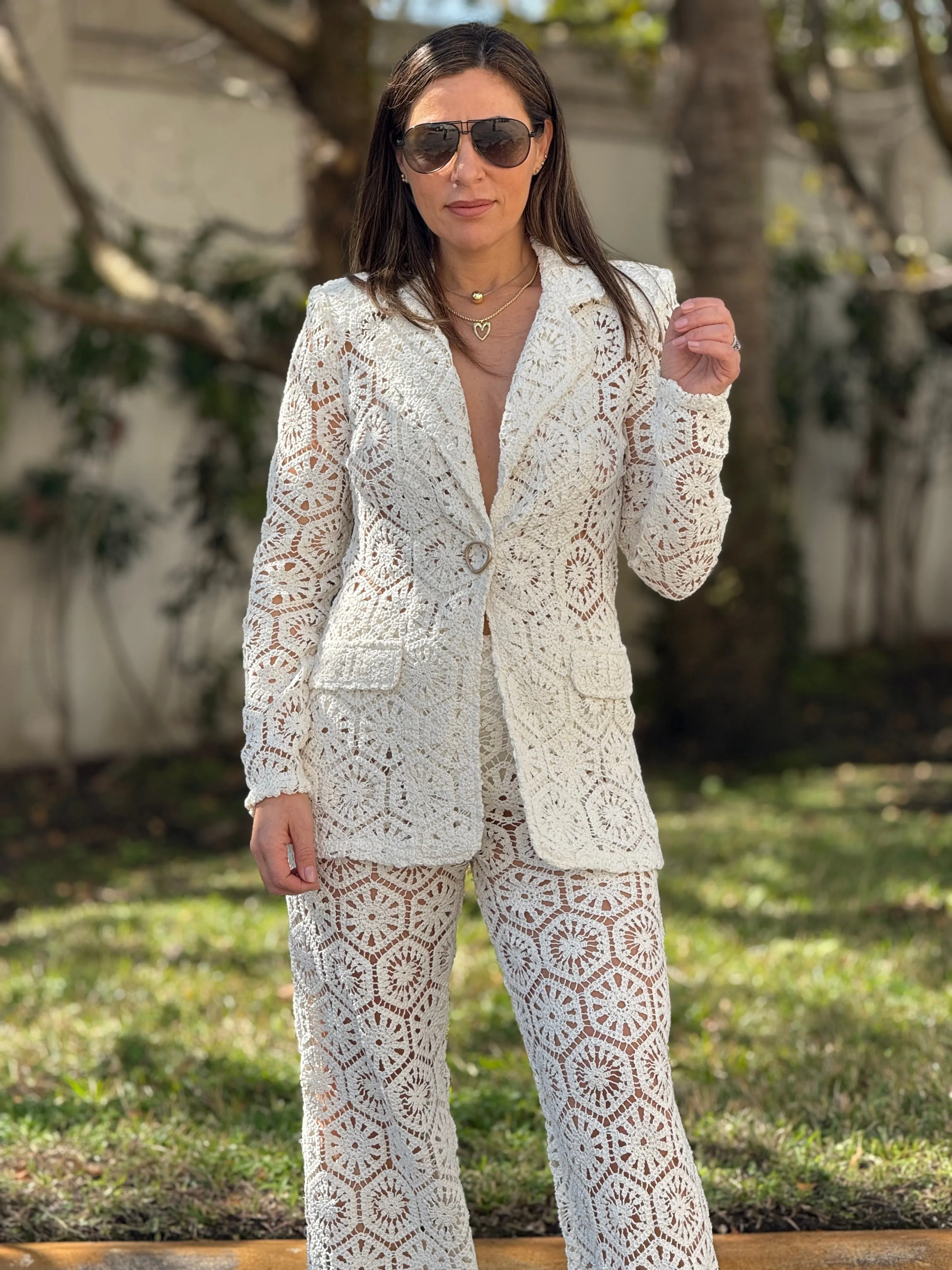 “Bianka" Stunning Crochet Blazer And Matching High Waisted Pants