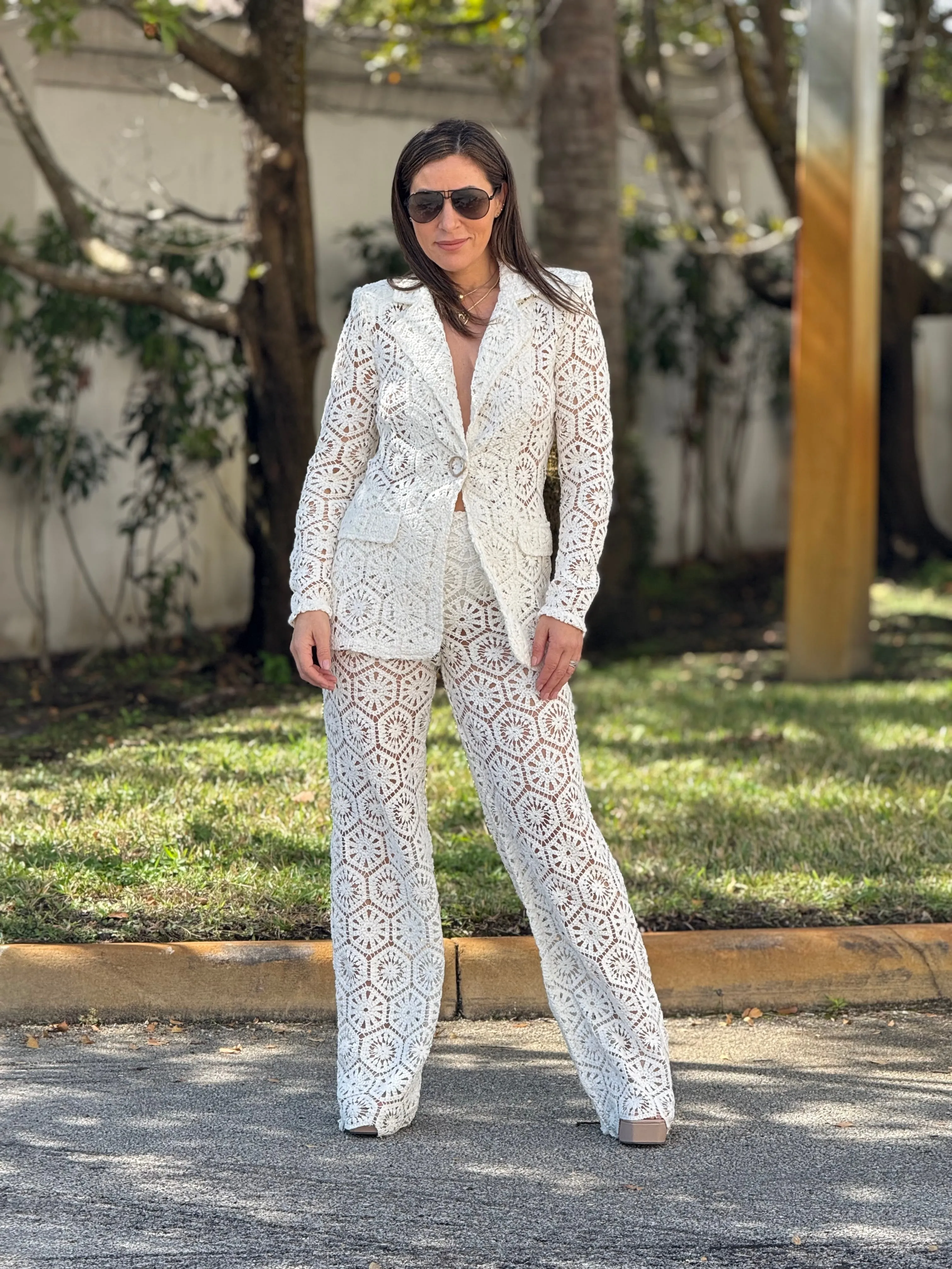 “Bianka" Stunning Crochet Blazer And Matching High Waisted Pants