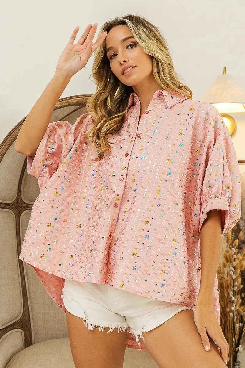 BiBi Sequin Striped Short Dolman Sleeve Blouse