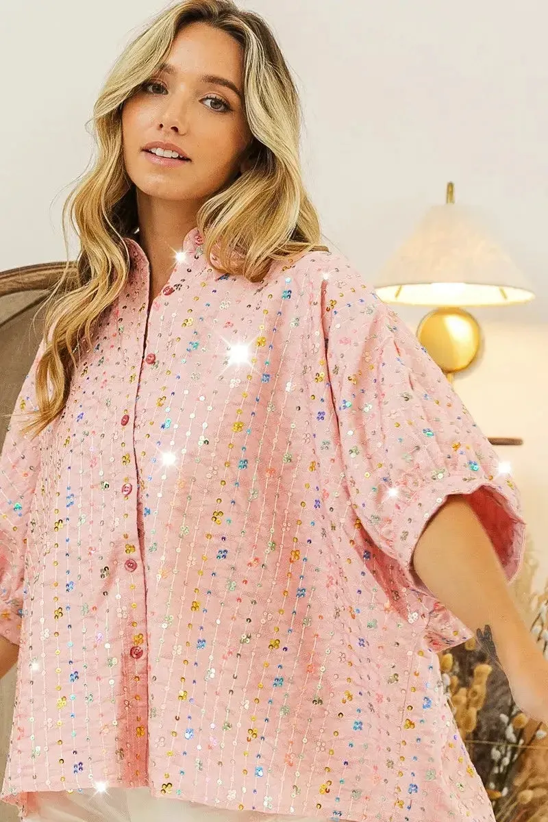 BiBi Sequin Striped Short Dolman Sleeve Blouse