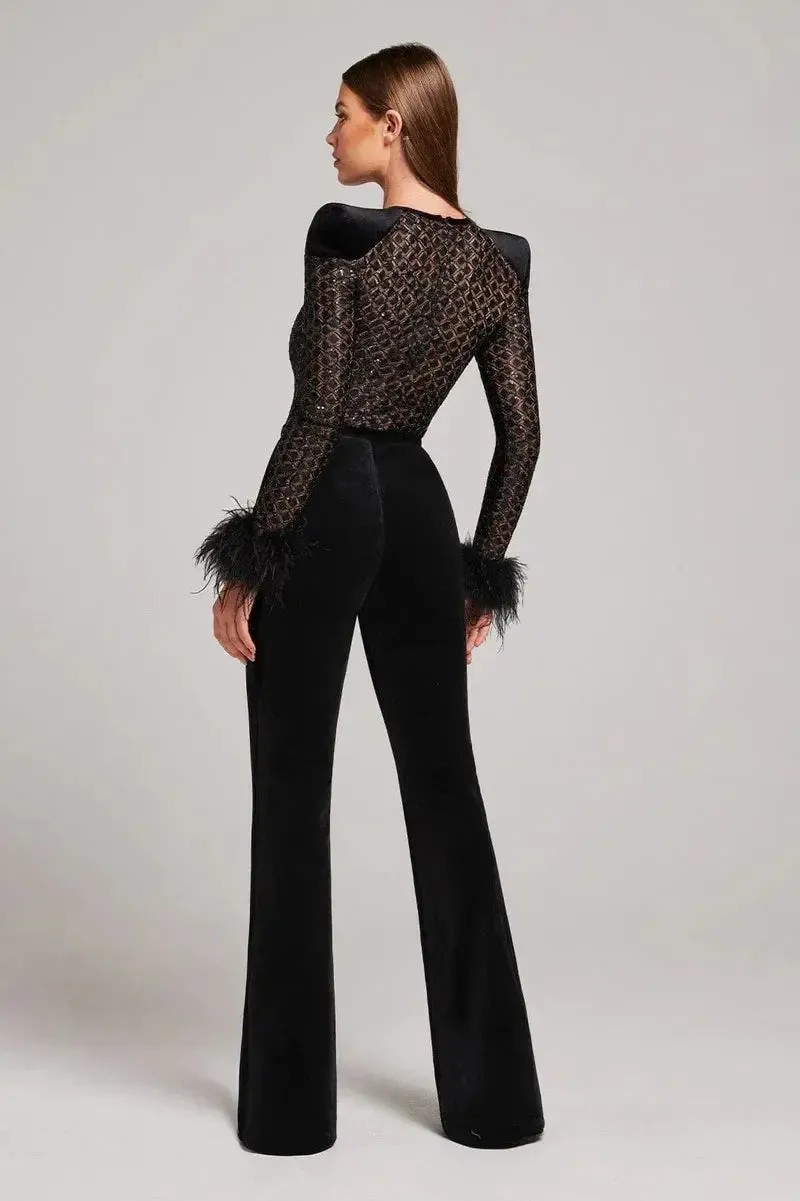 Black Velvet Jumpsuit with Sheer Metallic Top & Feathered Cuffs