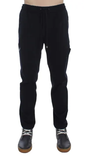 Blue Cotton Stretch Casual Pants