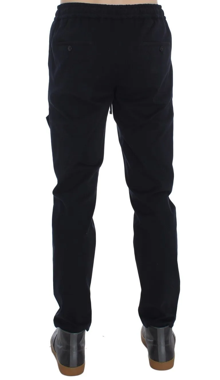 Blue Cotton Stretch Casual Pants