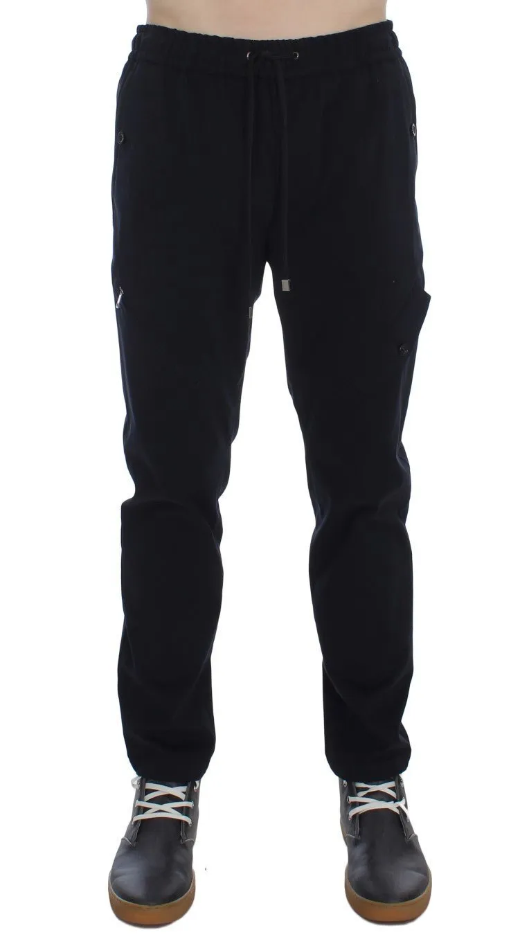 Blue Cotton Stretch Casual Pants