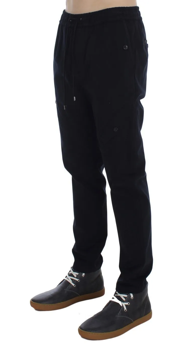 Blue Cotton Stretch Casual Pants