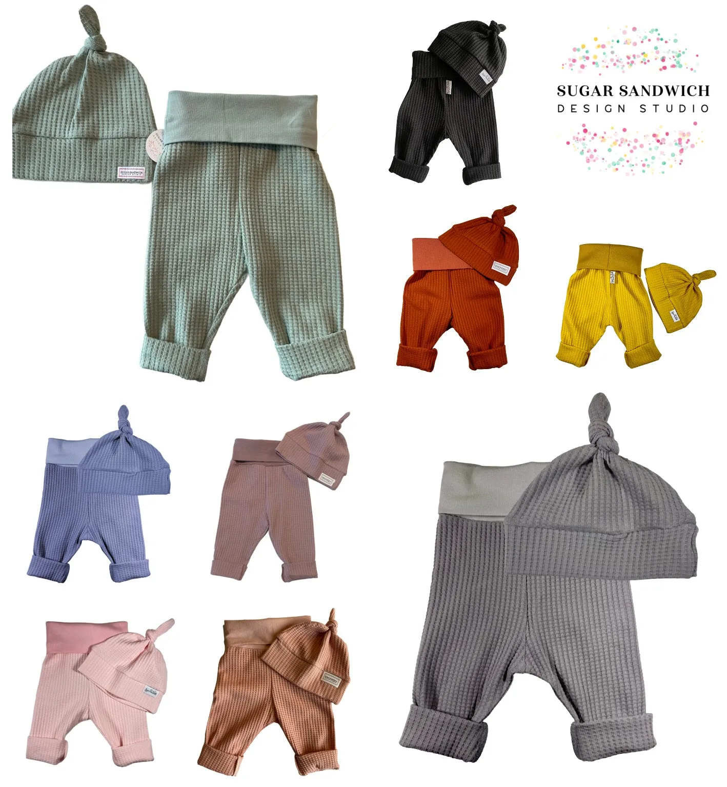 Blue Waffle Knit Infant Lounge Set Pants & Top Knot Hat