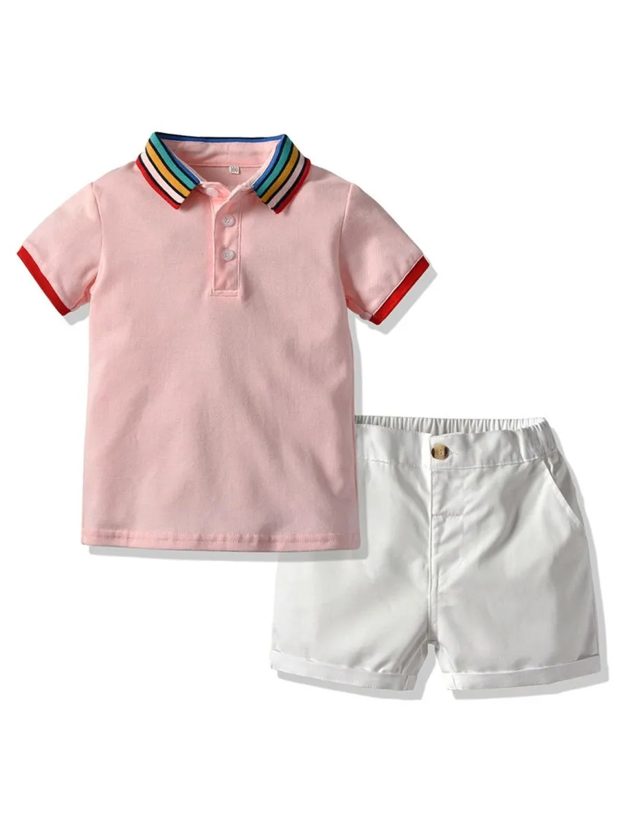 Boys Rainbow Color Collar Polo T-shirt With Shorts