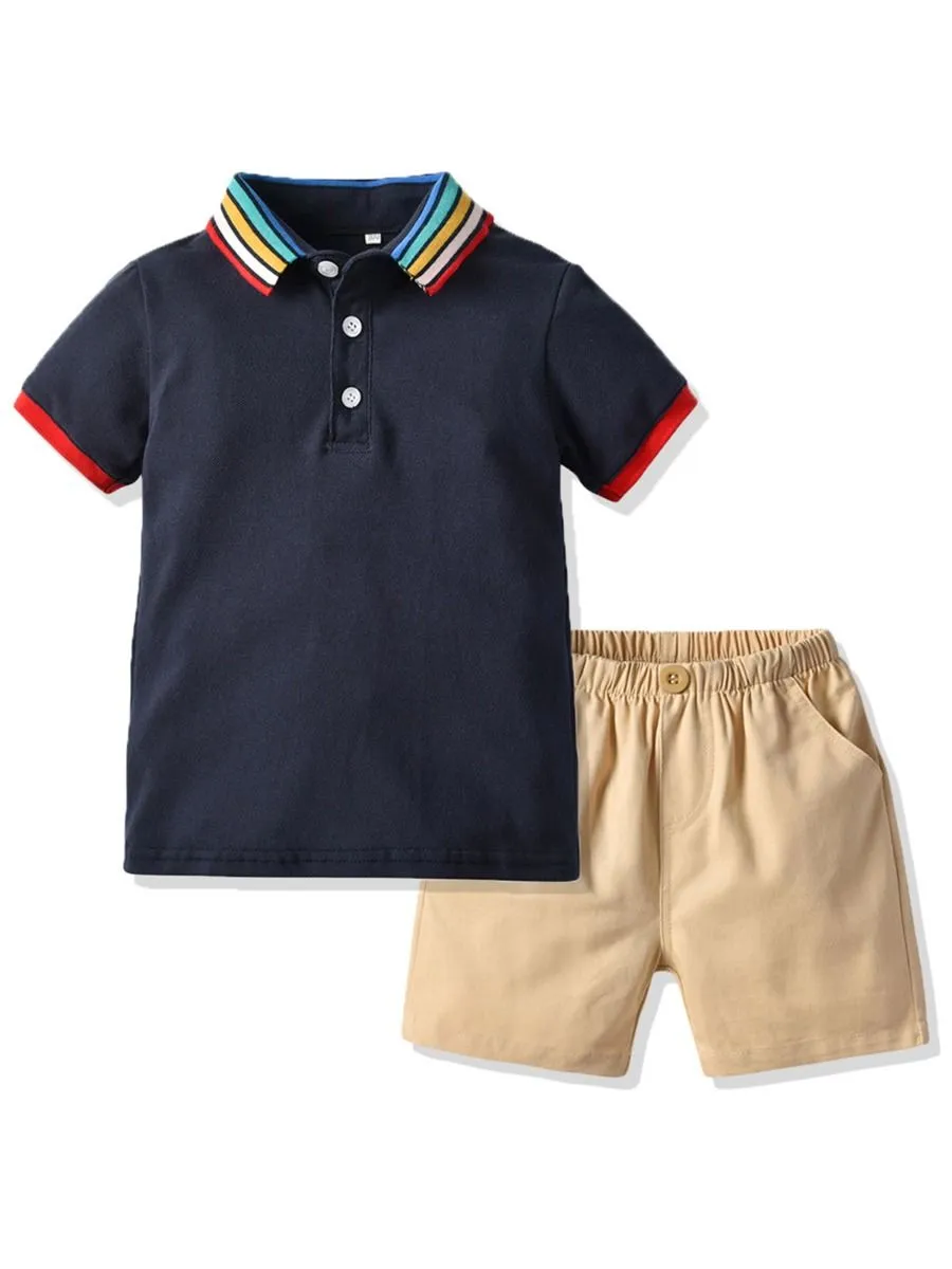 Boys Rainbow Color Collar Polo T-shirt With Shorts
