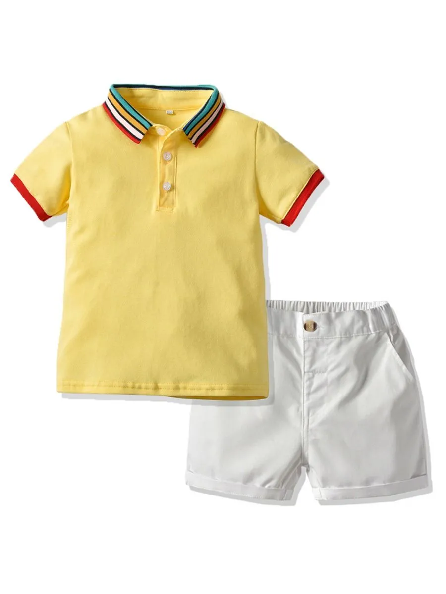 Boys Rainbow Color Collar Polo T-shirt With Shorts