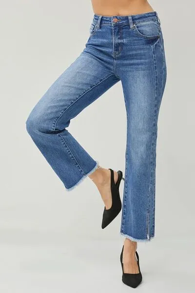 Brooklynn High Waist Raw Hem Slit Straight Jeans