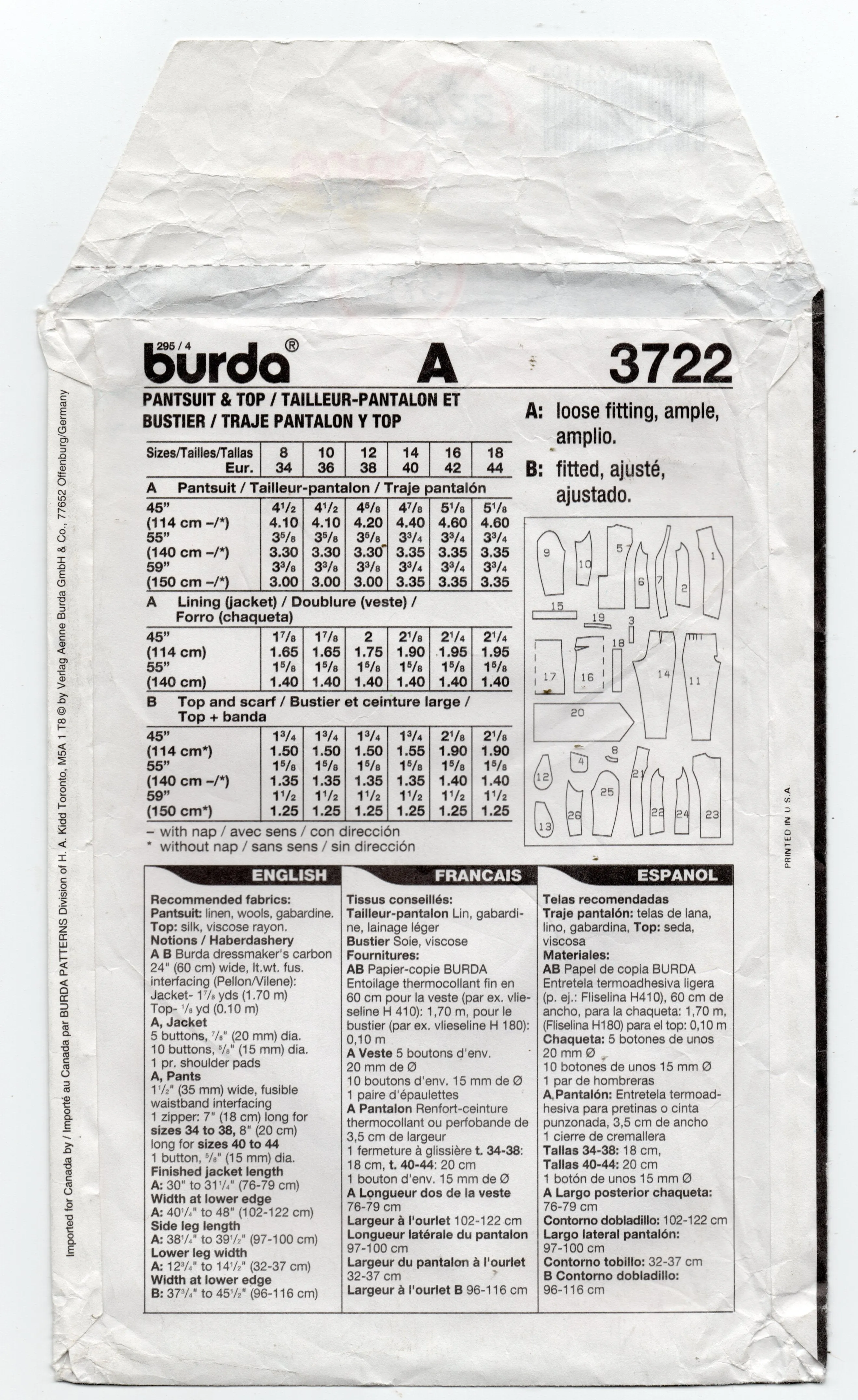 Burda Couture 3722 Womens Longline Jacket Pants Top & Sash Out Of Print Sewing Pattern Sizes 8 - 18 UNCUT Factory Folded