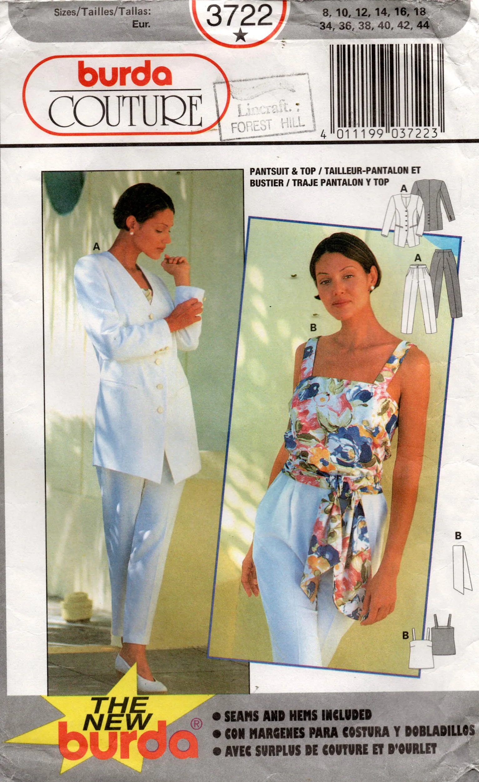 Burda Couture 3722 Womens Longline Jacket Pants Top & Sash Out Of Print Sewing Pattern Sizes 8 - 18 UNCUT Factory Folded