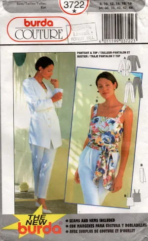Burda Couture 3722 Womens Longline Jacket Pants Top & Sash Out Of Print Sewing Pattern Sizes 8 - 18 UNCUT Factory Folded