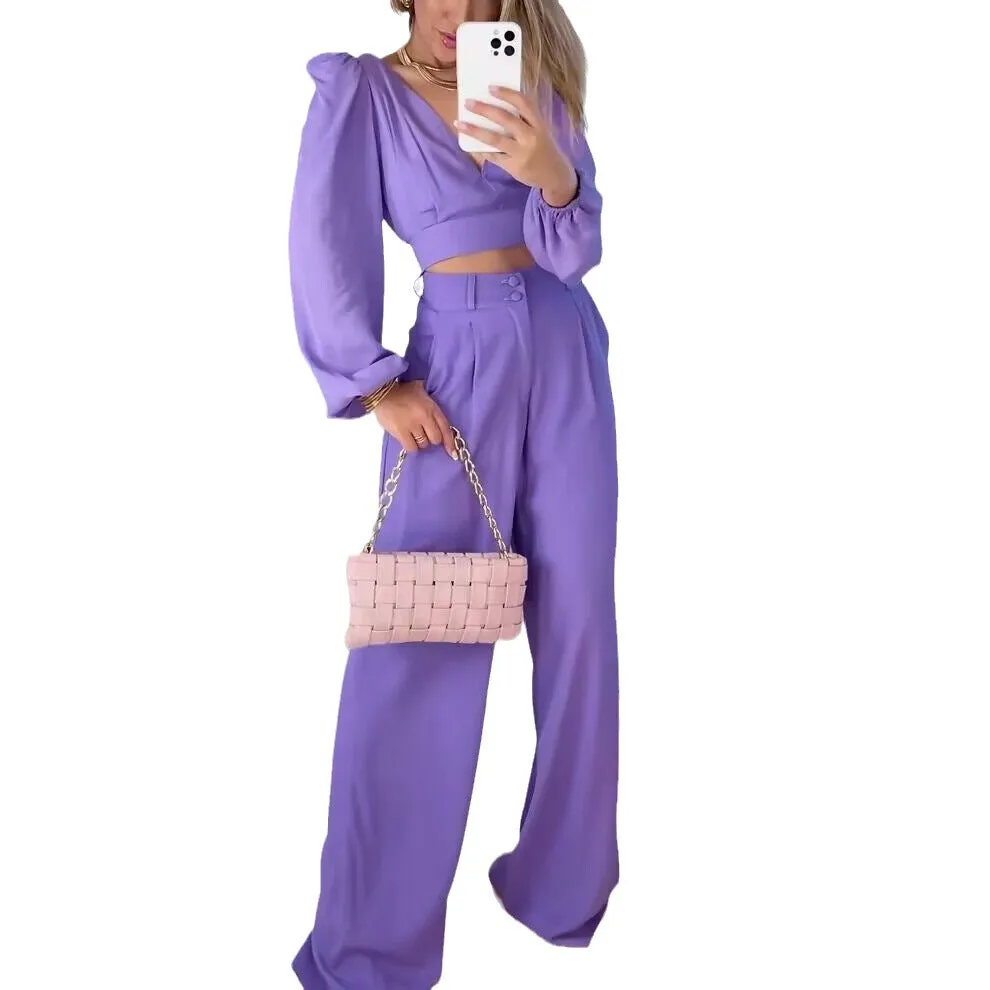 Casual solid color V-neck waist loose pants suit