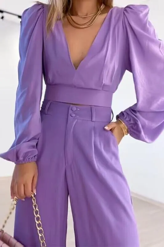 Casual solid color V-neck waist loose pants suit