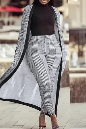 Chelsey Grid Printed Long Jacket 2pc Pants Set Plus