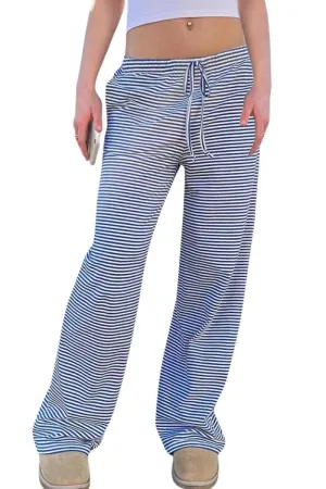 Chouyatou Womens Comfy Pajama Pants Striped Low Waisted Lounge Pants Elastic Waist Drawstring Long Trousers