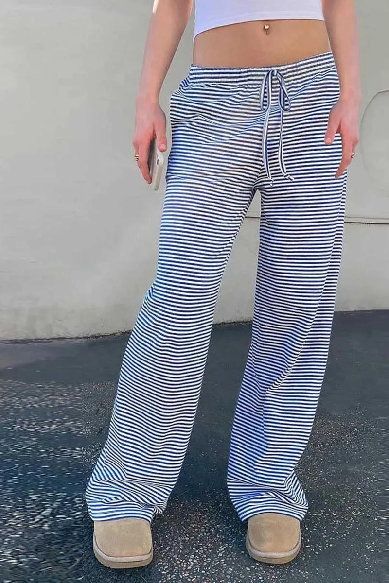 Chouyatou Womens Comfy Pajama Pants Striped Low Waisted Lounge Pants Elastic Waist Drawstring Long Trousers