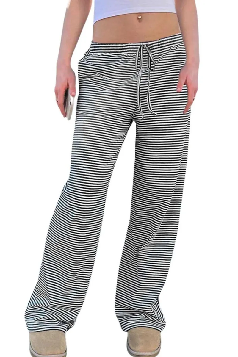 Chouyatou Womens Comfy Pajama Pants Striped Low Waisted Lounge Pants Elastic Waist Drawstring Long Trousers