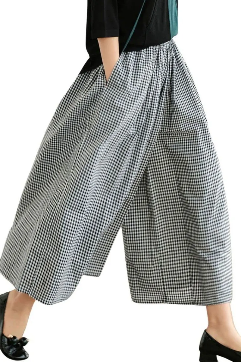 Chouyatou Women's Cotton Linen Pants Elastic Waist Plaid Gingham Wide Leg Capri Palazzo Pants