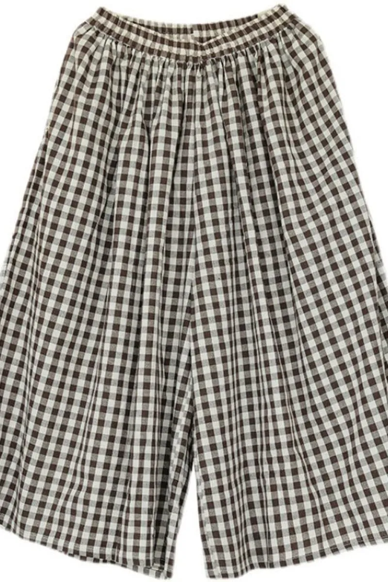 Chouyatou Women's Cotton Linen Pants Elastic Waist Plaid Gingham Wide Leg Capri Palazzo Pants