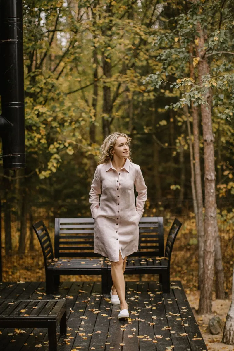 Classic-Collar A-Line Shirt Linen Dress