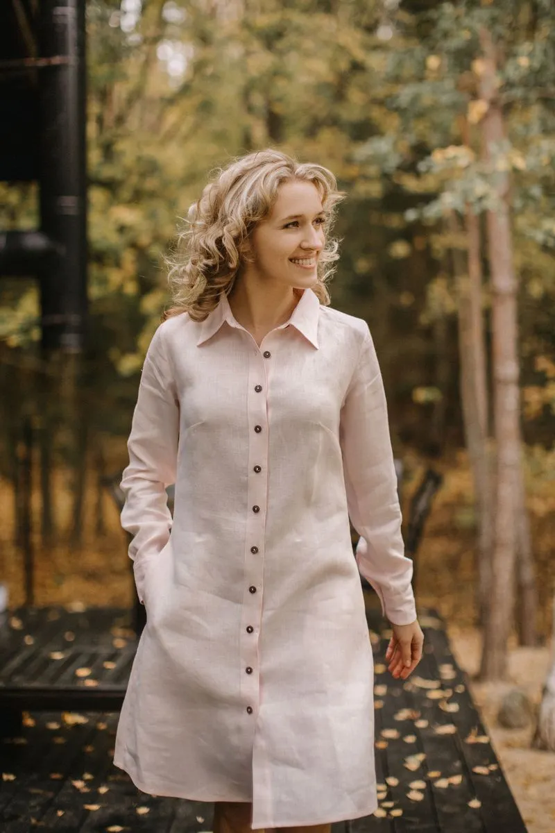 Classic-Collar A-Line Shirt Linen Dress