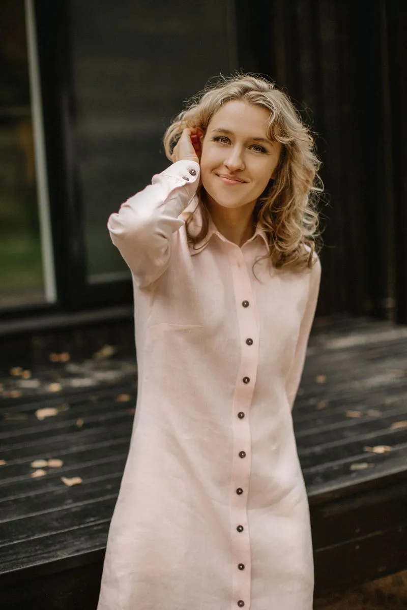 Classic-Collar A-Line Shirt Linen Dress
