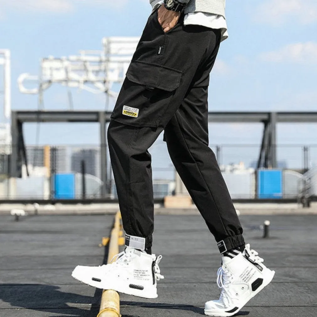 ContiNent 33 Men's Side Pockets Cargo Harem Pants Ribbons Black Hip Hop Casual Male Joggers Trousers Fashion Casual Streetwear Pants