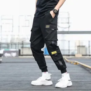 ContiNent 33 Men's Side Pockets Cargo Harem Pants Ribbons Black Hip Hop Casual Male Joggers Trousers Fashion Casual Streetwear Pants
