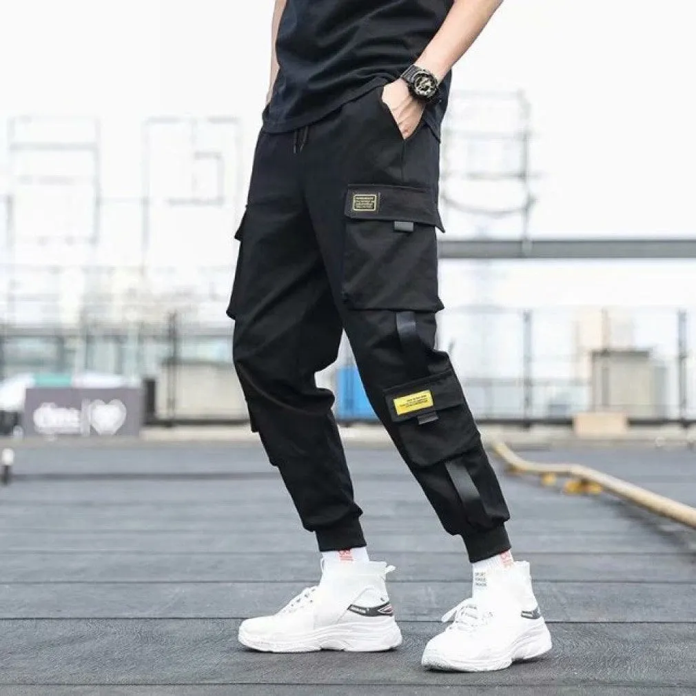 ContiNent 33 Men's Side Pockets Cargo Harem Pants Ribbons Black Hip Hop Casual Male Joggers Trousers Fashion Casual Streetwear Pants