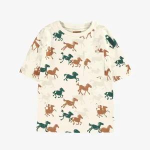 Cream T-Shirt in Slub Jersey With Horse All Over Print