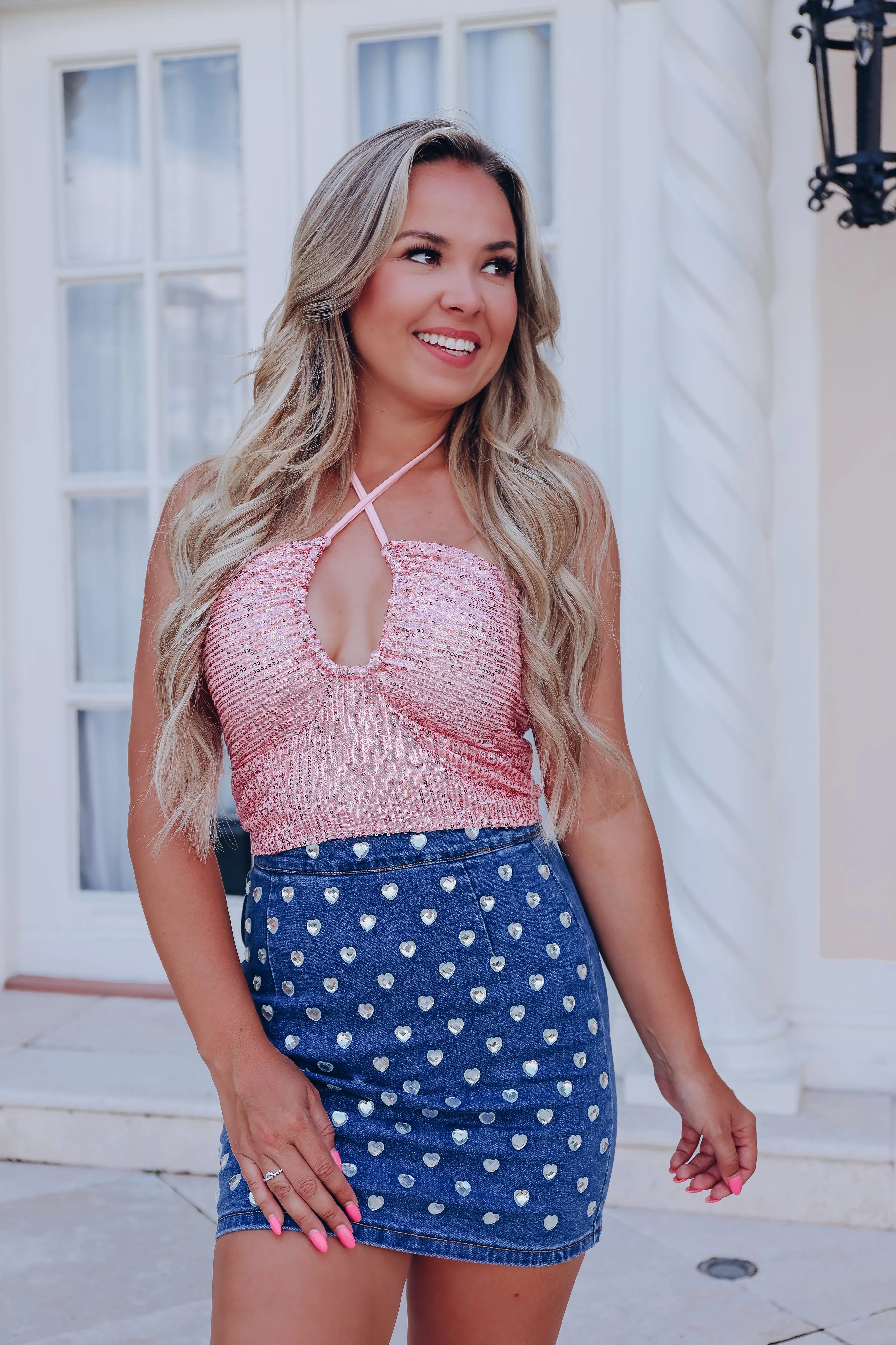 Crossed Neck Halter Sequin Crop Top