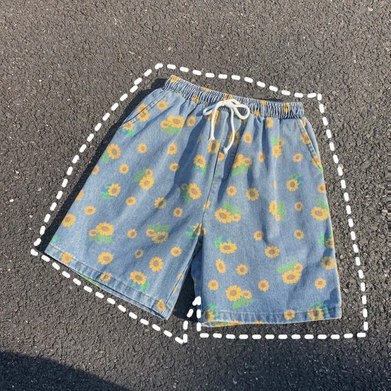 DAISY PRINT CASUAL DENIM SHORTS UB2647