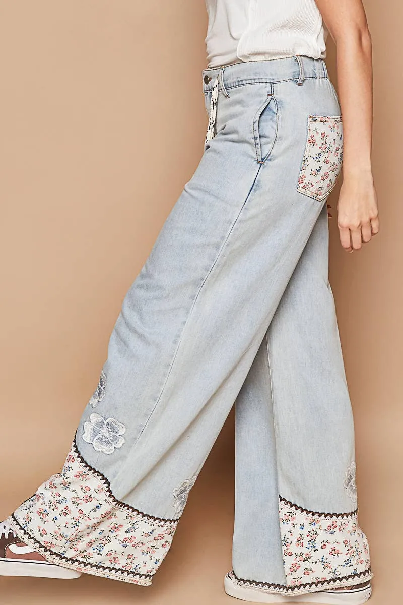 Denim Floral patches embroidery elastic band casual POL Pants