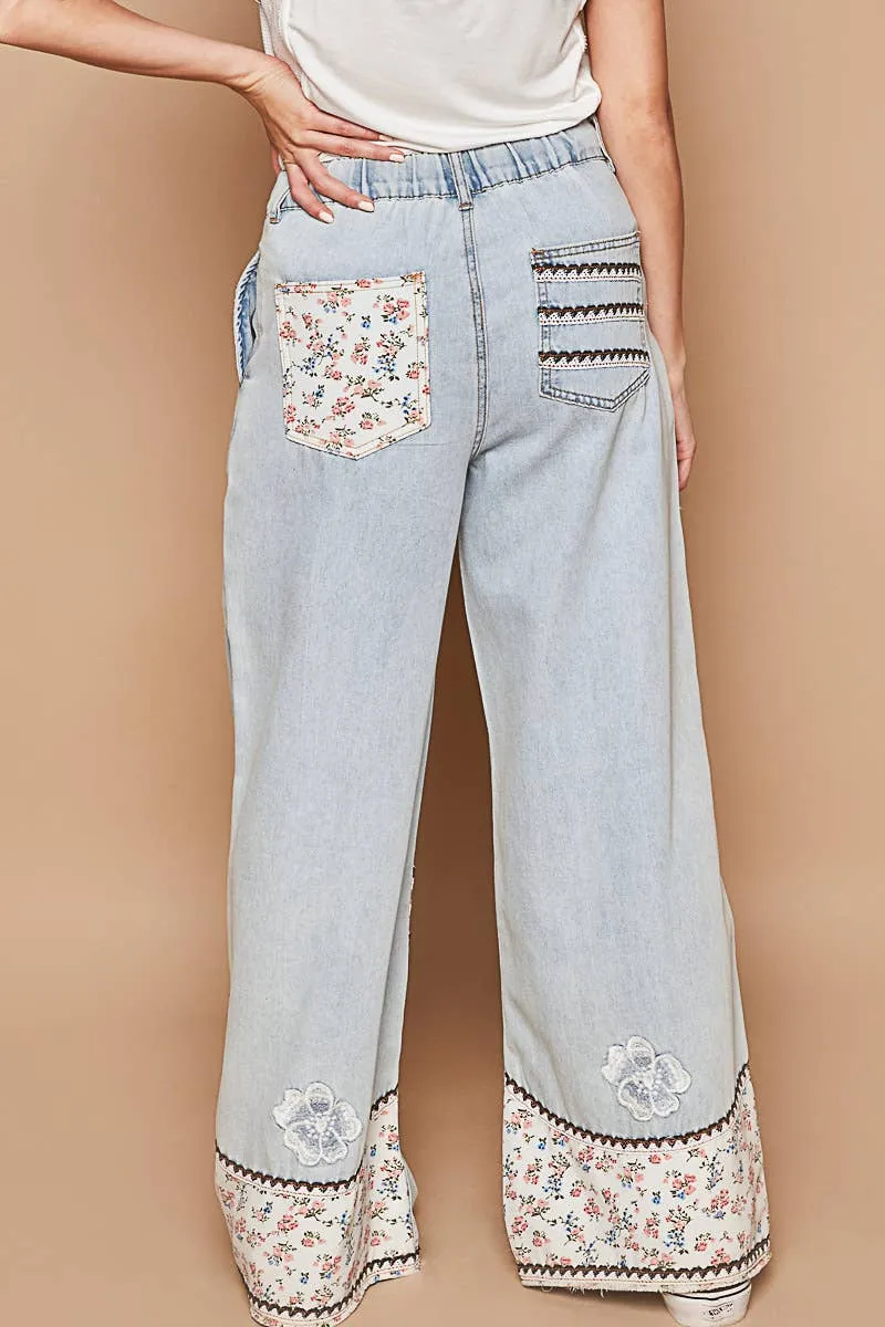 Denim Floral patches embroidery elastic band casual POL Pants