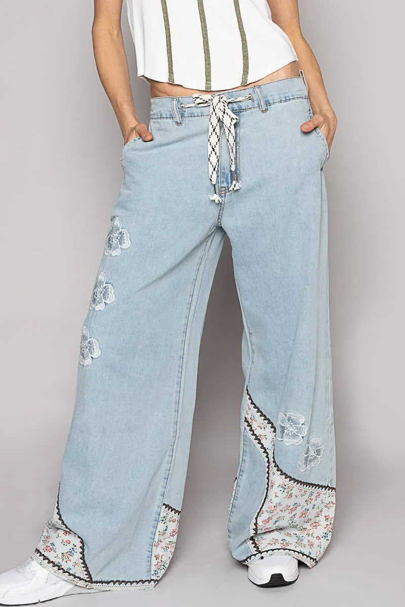 Denim Floral patches embroidery elastic band casual POL Pants