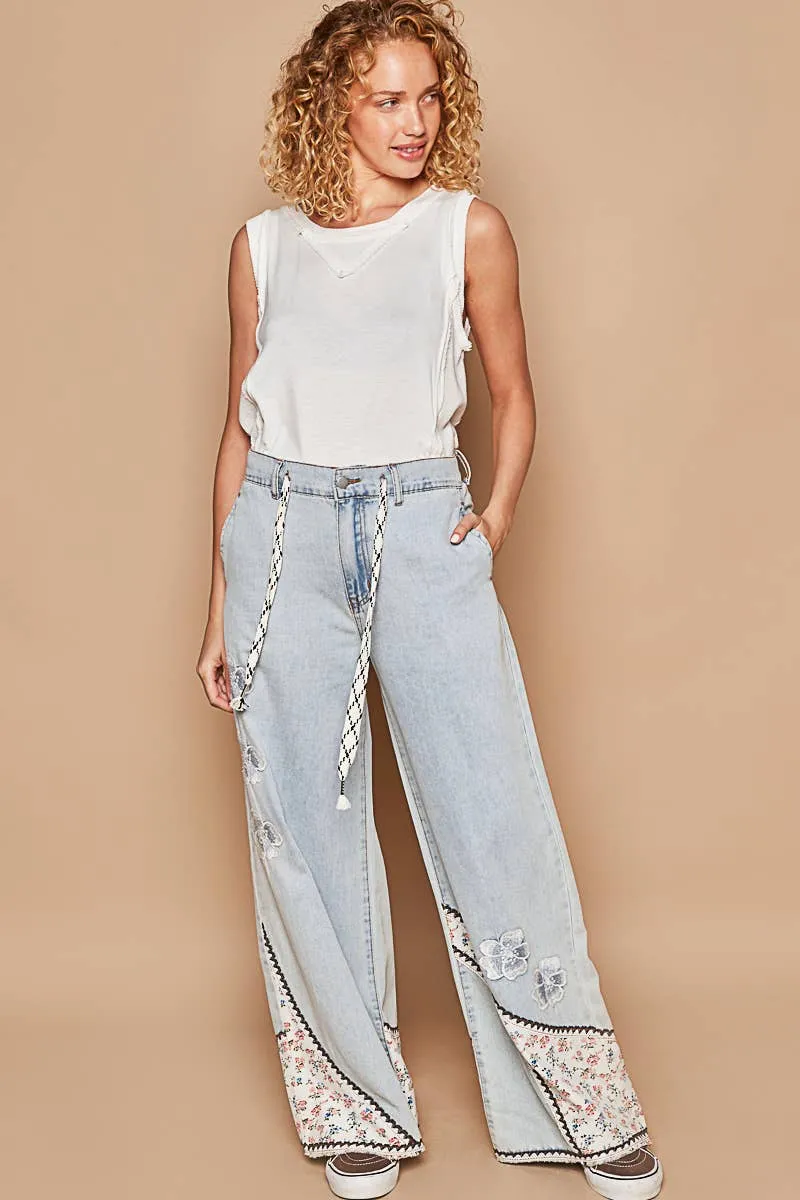 Denim Floral patches embroidery elastic band casual POL Pants