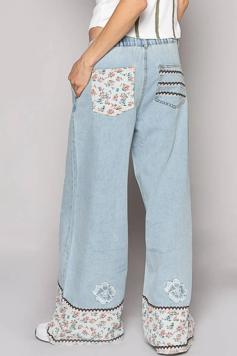 Denim Floral patches embroidery elastic band casual POL Pants