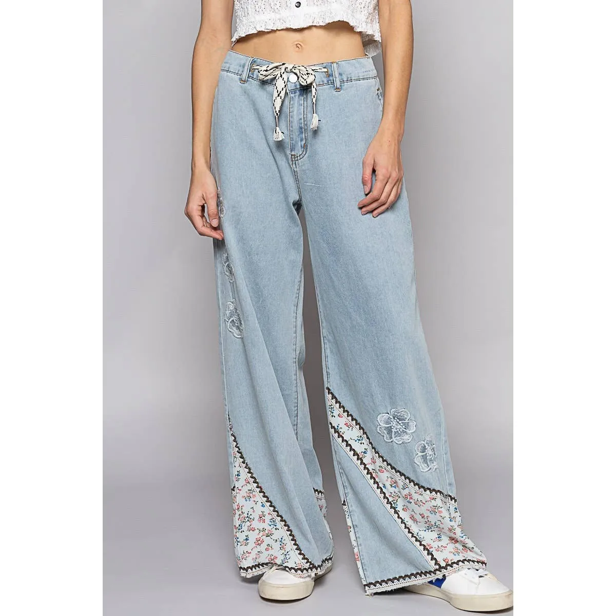 Denim Floral patches embroidery elastic band casual POL Pants