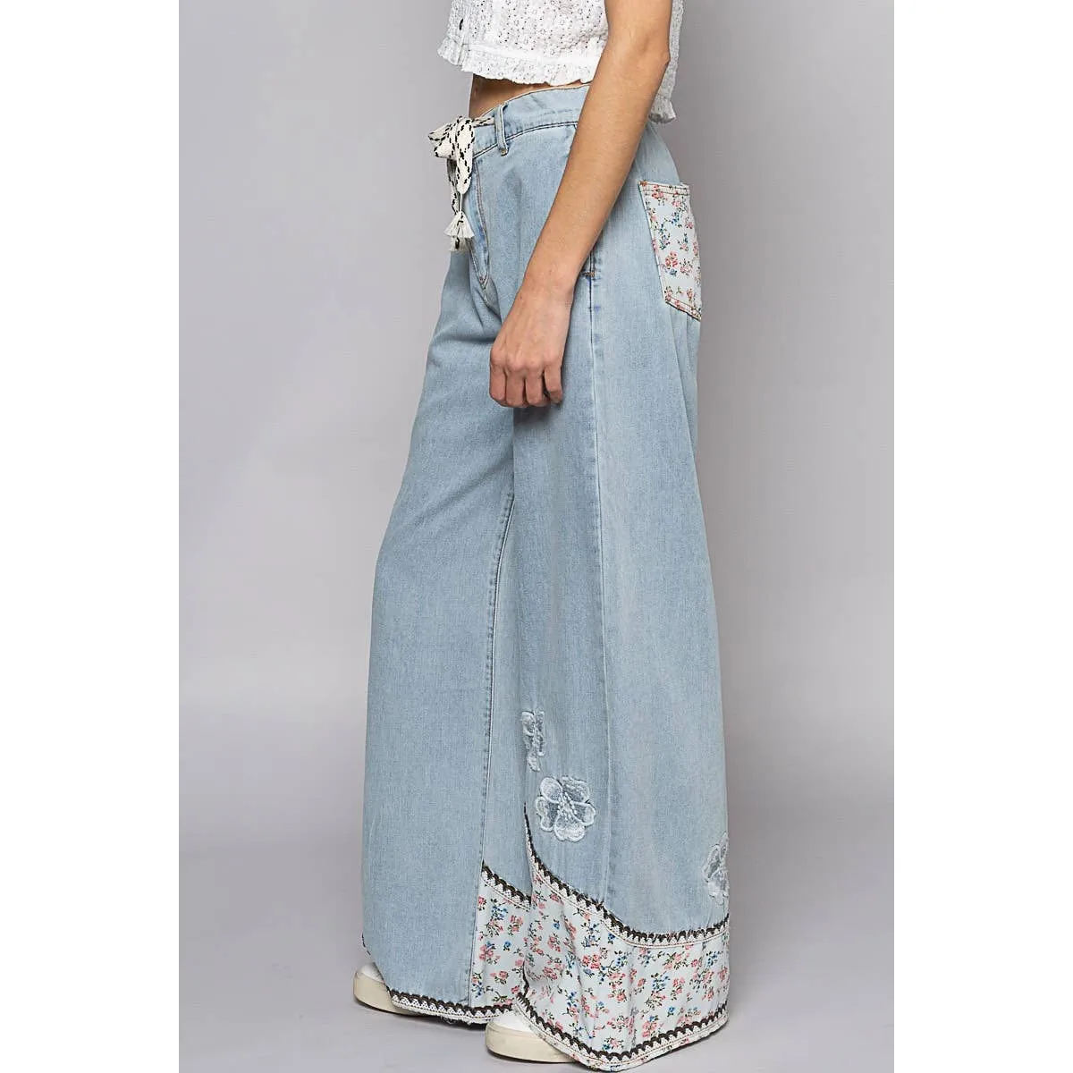 Denim Floral patches embroidery elastic band casual POL Pants