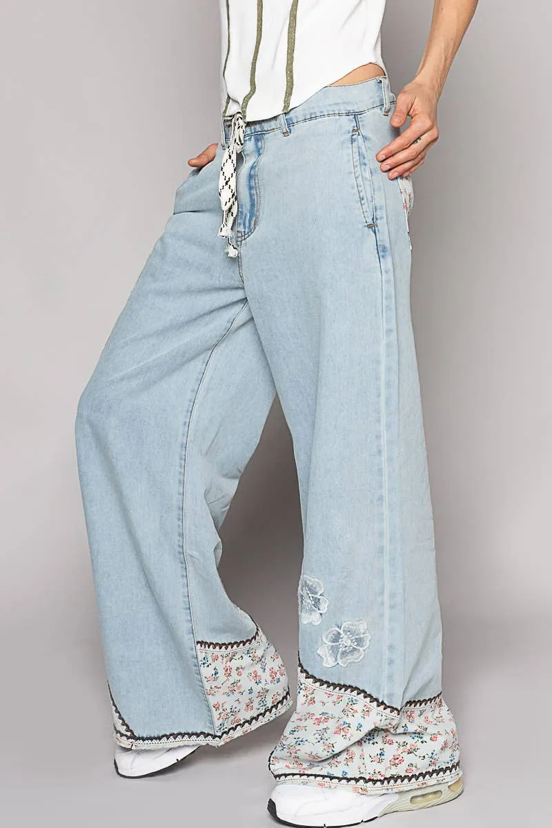 Denim Floral patches embroidery elastic band casual POL Pants