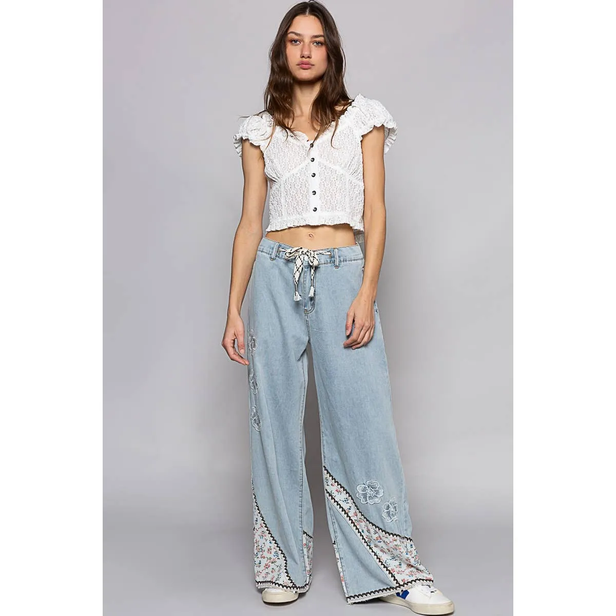 Denim Floral patches embroidery elastic band casual POL Pants